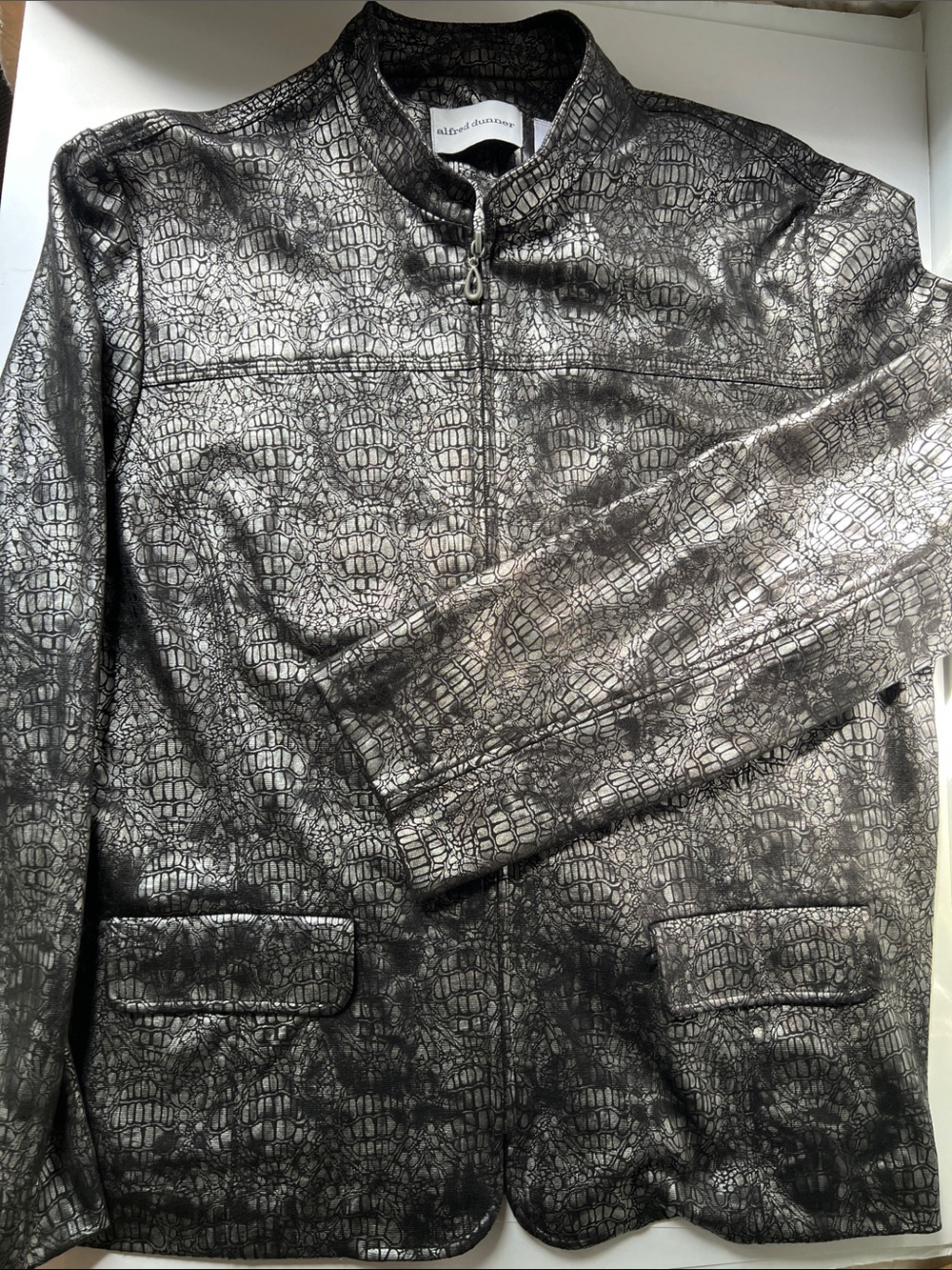 Alfred Dunner Silver and Black Croc-Embossed Zip Jacket